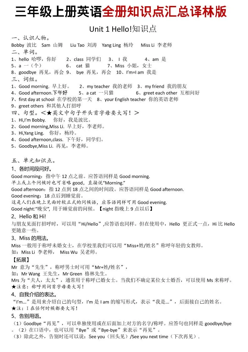 三年级上英语知识点汇总《译林版》-方舟智库