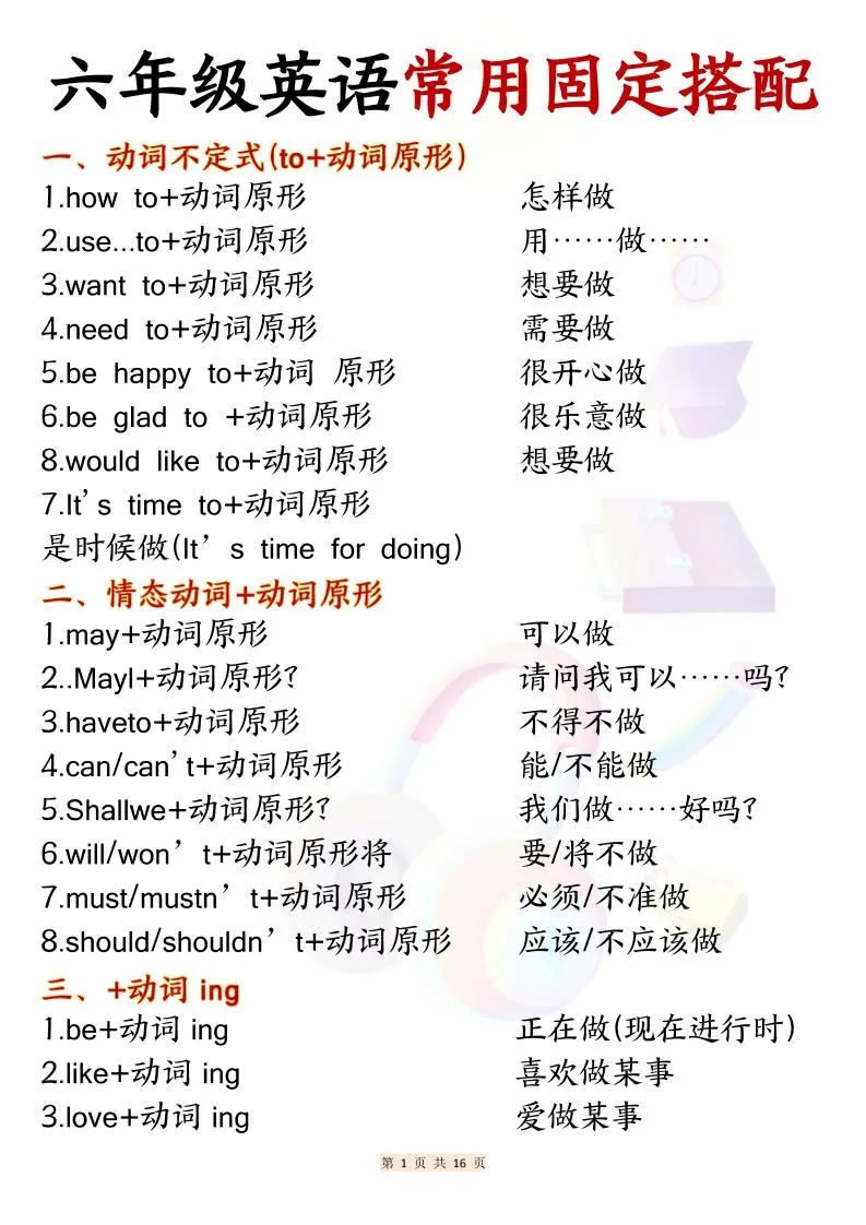 六年级上英语常用固定搭配-方舟智库