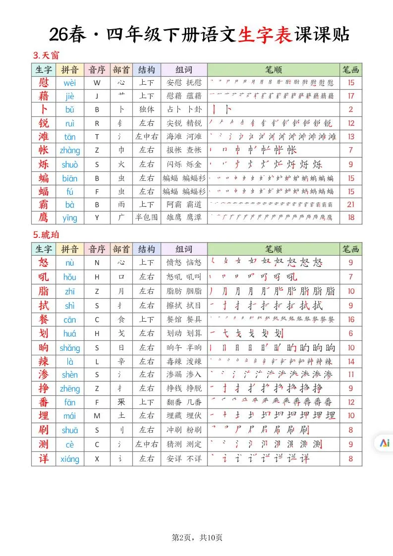 26春四下语文生字表课课贴10页