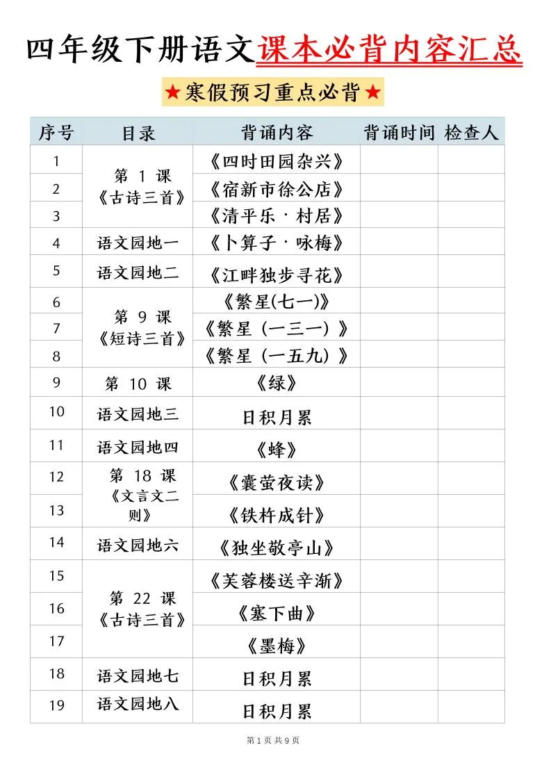 四下语文寒假预习课本必背内容汇总（9页）-方舟智库