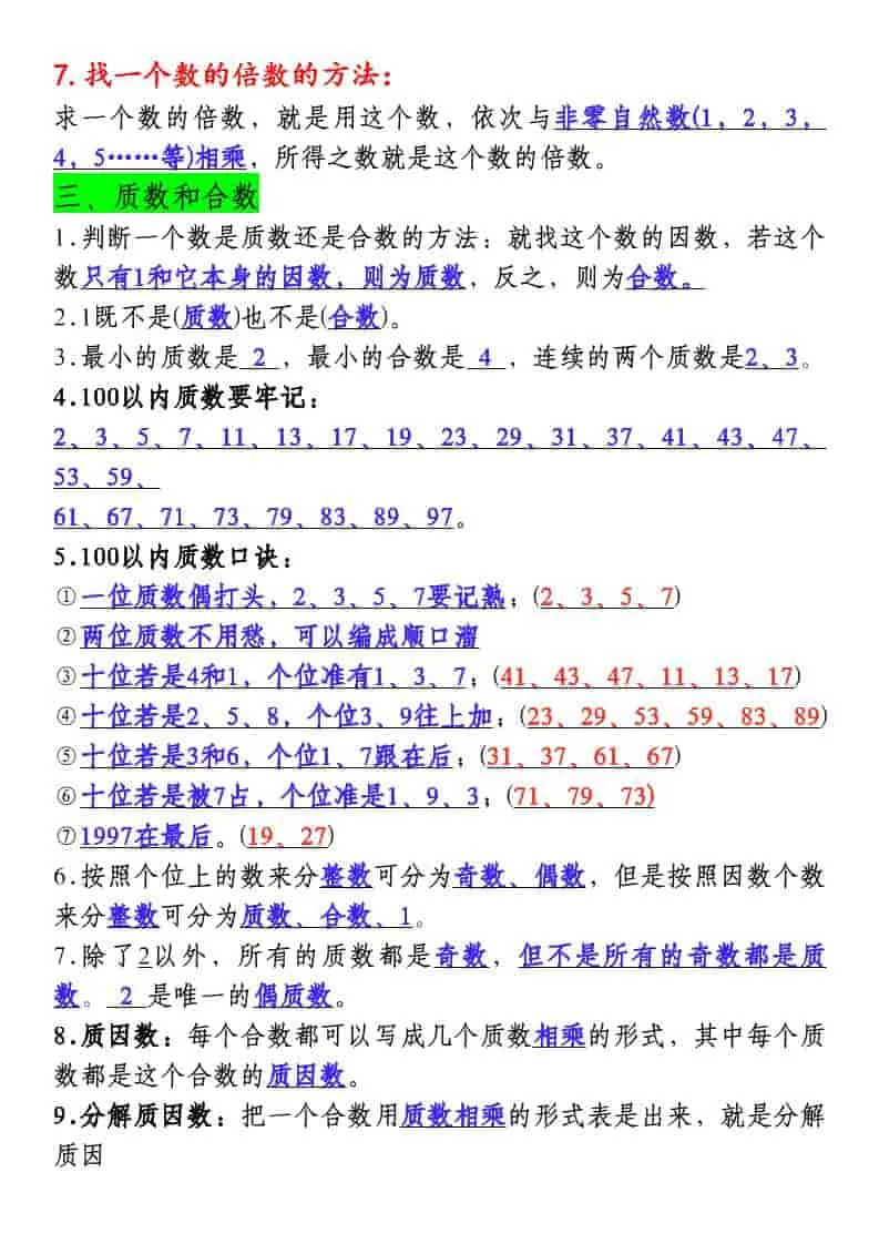 五年级下数学必背知识点总复习汇总