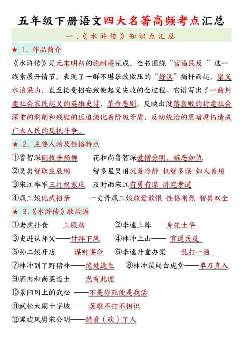 五年级下语文四大名著高频考点-方舟智库