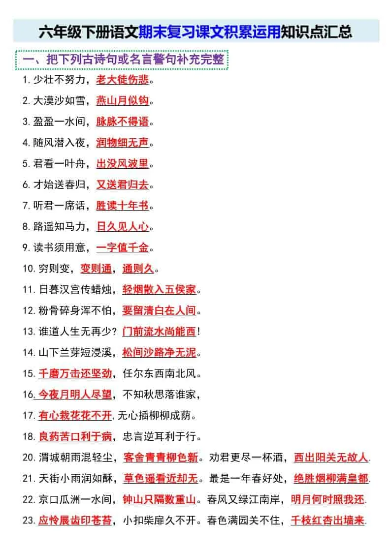 六年级下语文期末复习课文积累运用知识点汇总-方舟智库