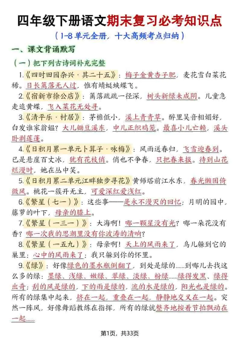 四年级下语文期末复习必考知识点（十大高频考点归纳）-方舟智库