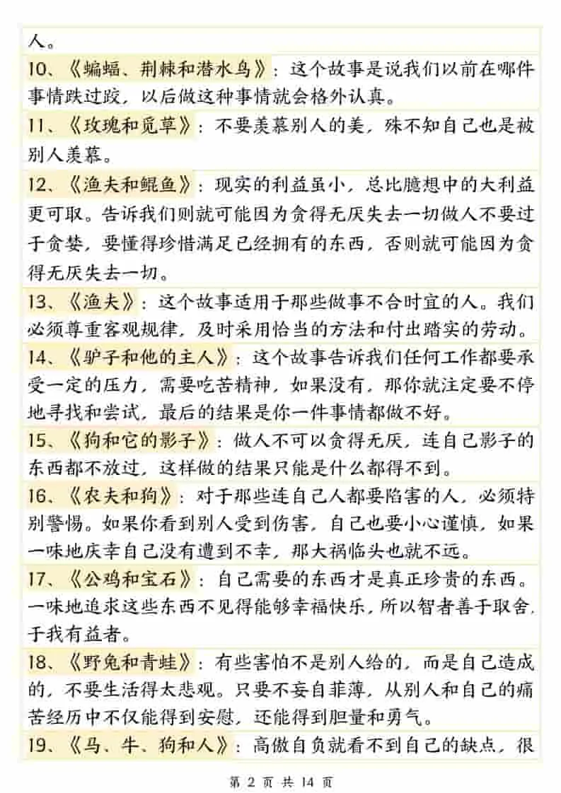 三年级下语文必背《伊索寓言》寓意140篇