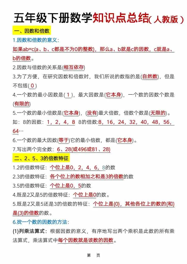 五年级下数学知识点总结《人教版》-方舟智库