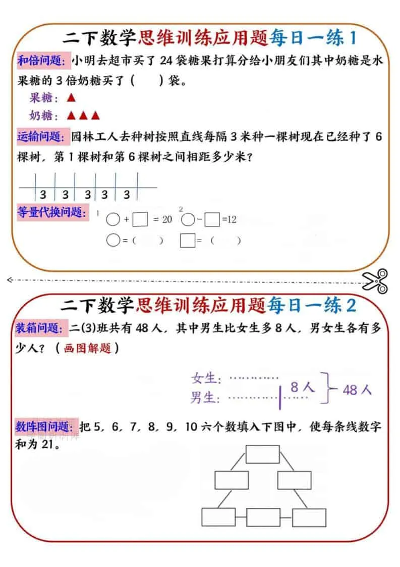二年级下数学思维训练应用题每日一练小纸条-方舟智库