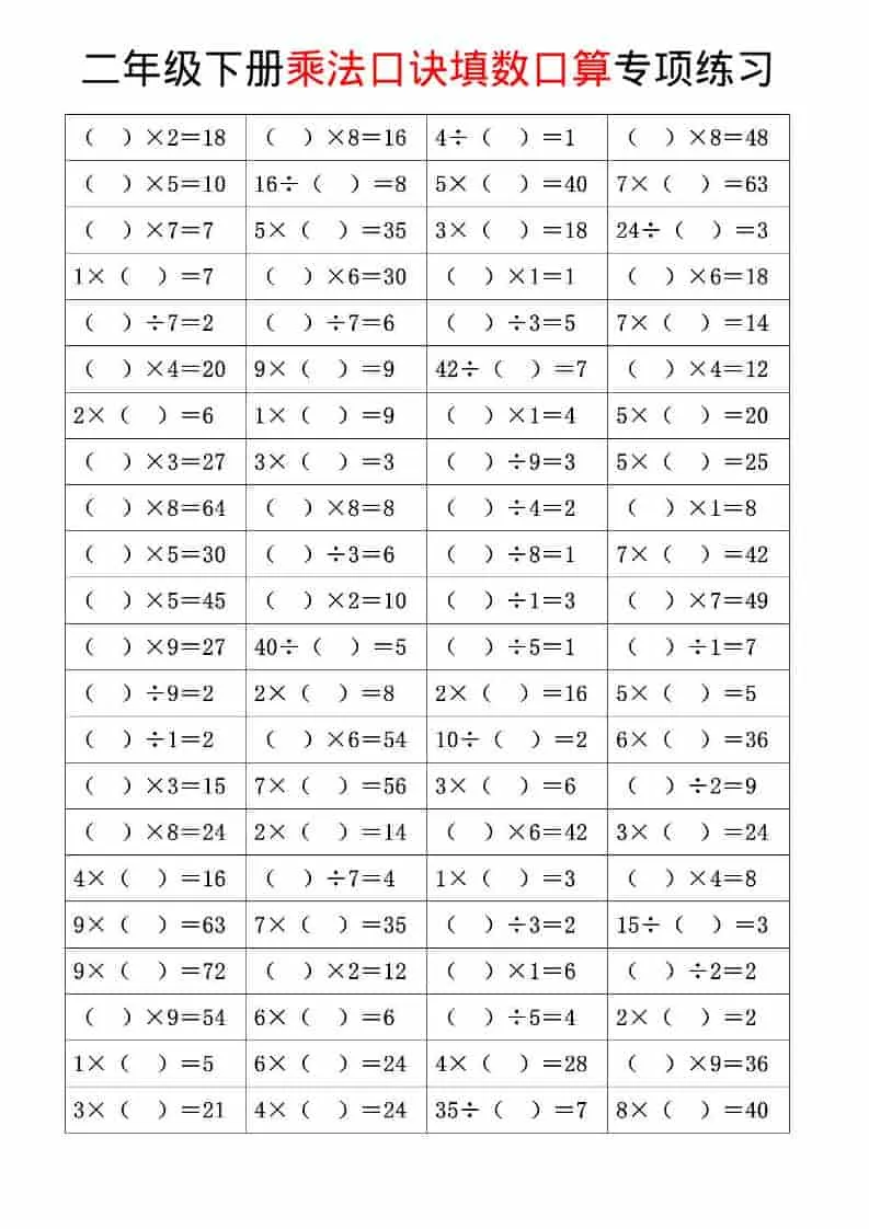 二年级下数学乘法口诀和混合运算专项练习-方舟智库