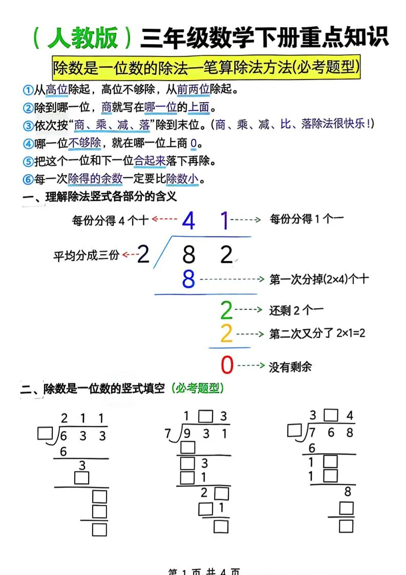 三年级下数学除数是一位数的除法—笔算除法方法(必考题型)《人教版》-方舟智库