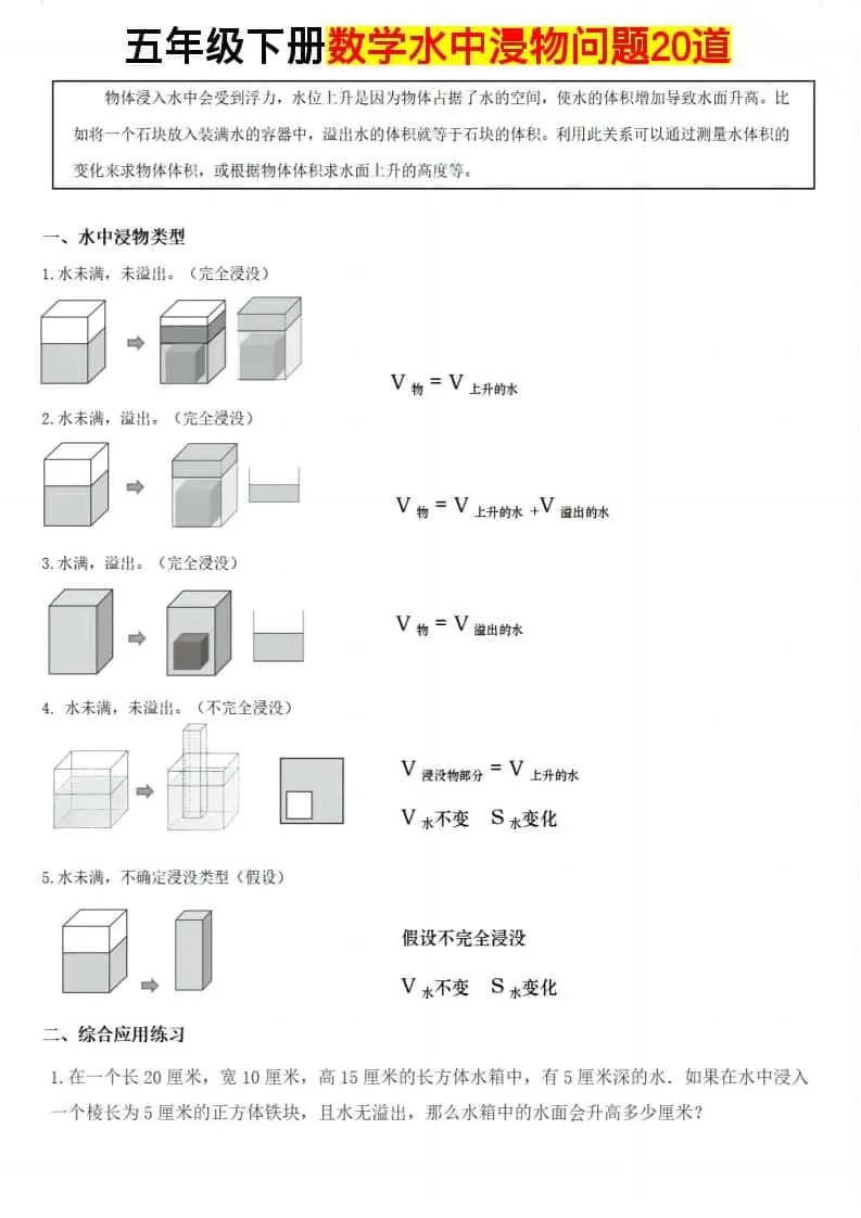 五年级下数学水中浸物问题20道-方舟智库