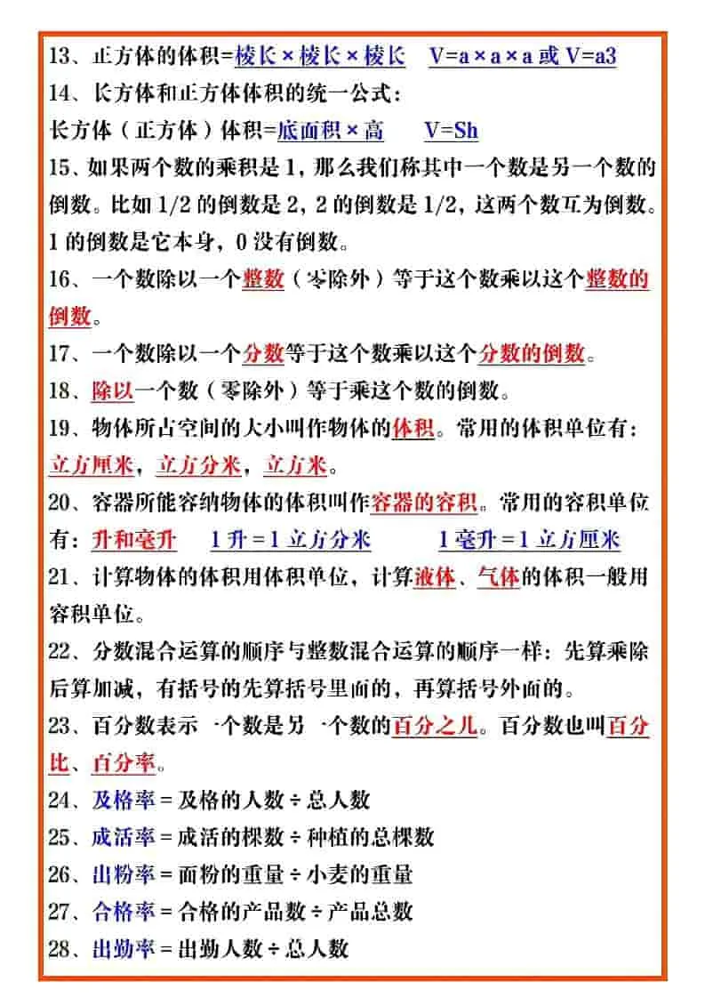 五年级下数学必考重点公式（开学必背）《人教版》