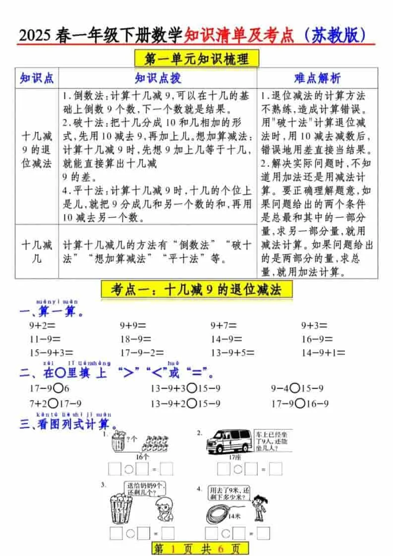 一年级下数学知识清单及考点《苏教版》（衔接版）-方舟智库