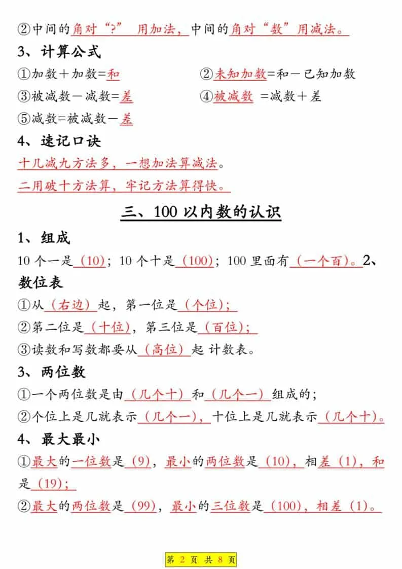 一年级下数学重点必背汇总