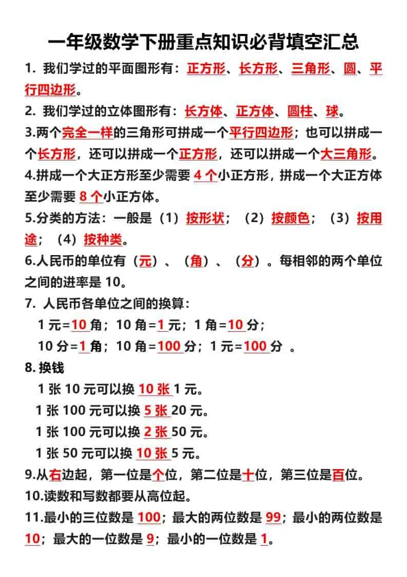 一年级下数学重点必背填空汇总-方舟智库