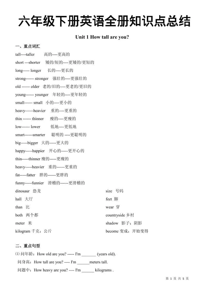 六年级下英语全册知识总结《人教版PEP》-方舟智库