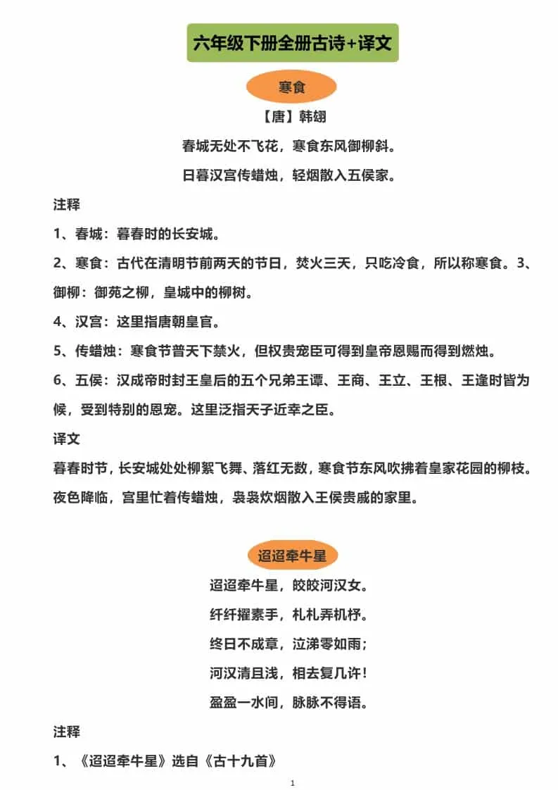 六年级下语文全册古诗+译文-方舟智库