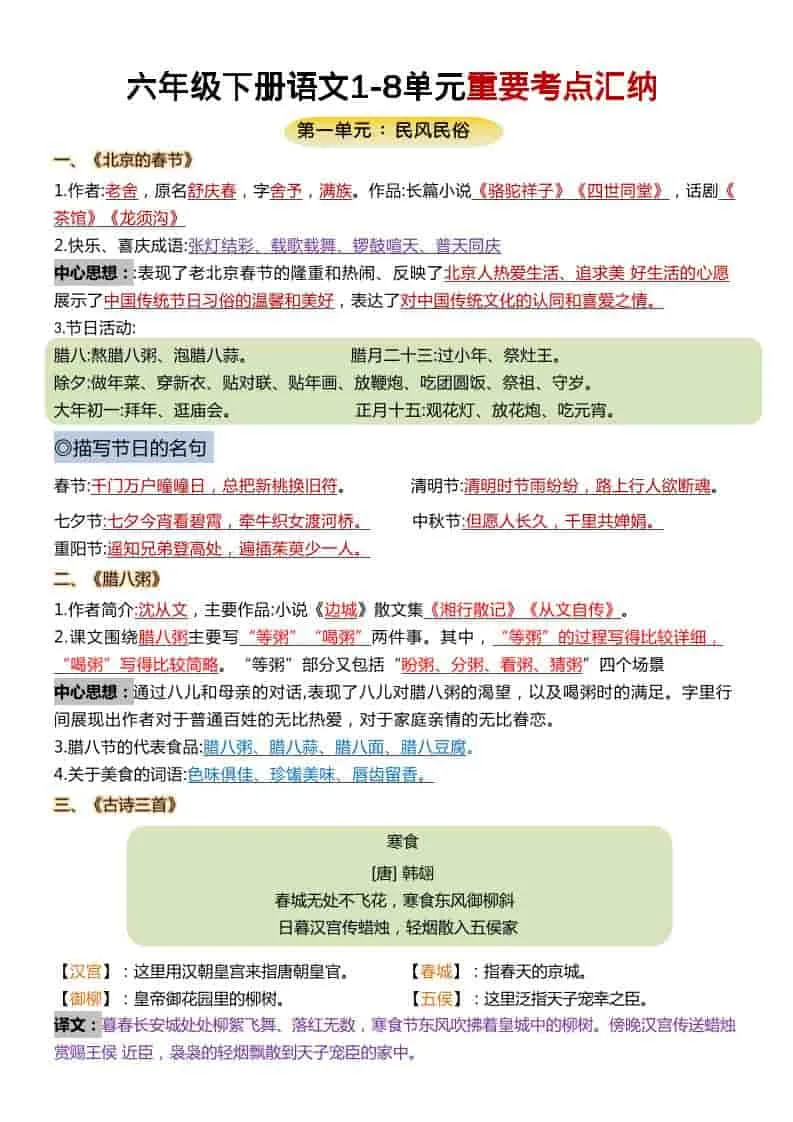 六年级下语文1-8单元重要考点汇总-方舟智库