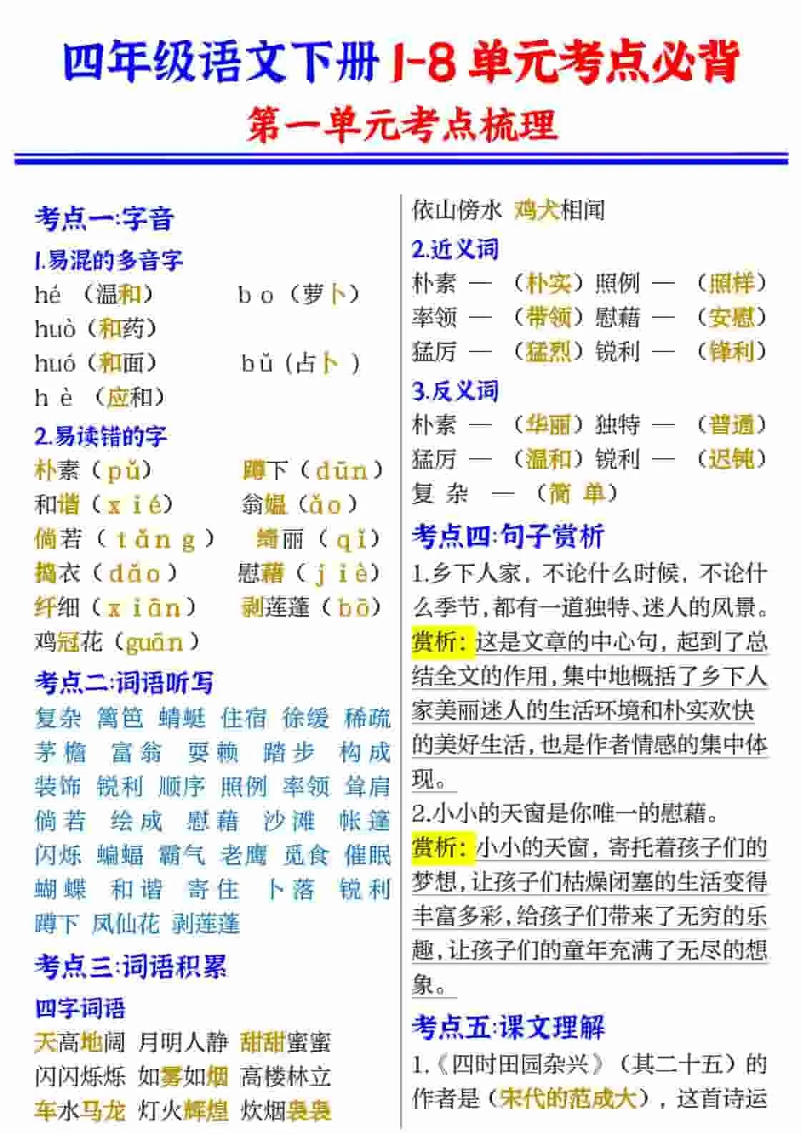 四年级(下）语文1-8单元考点必背-方舟智库