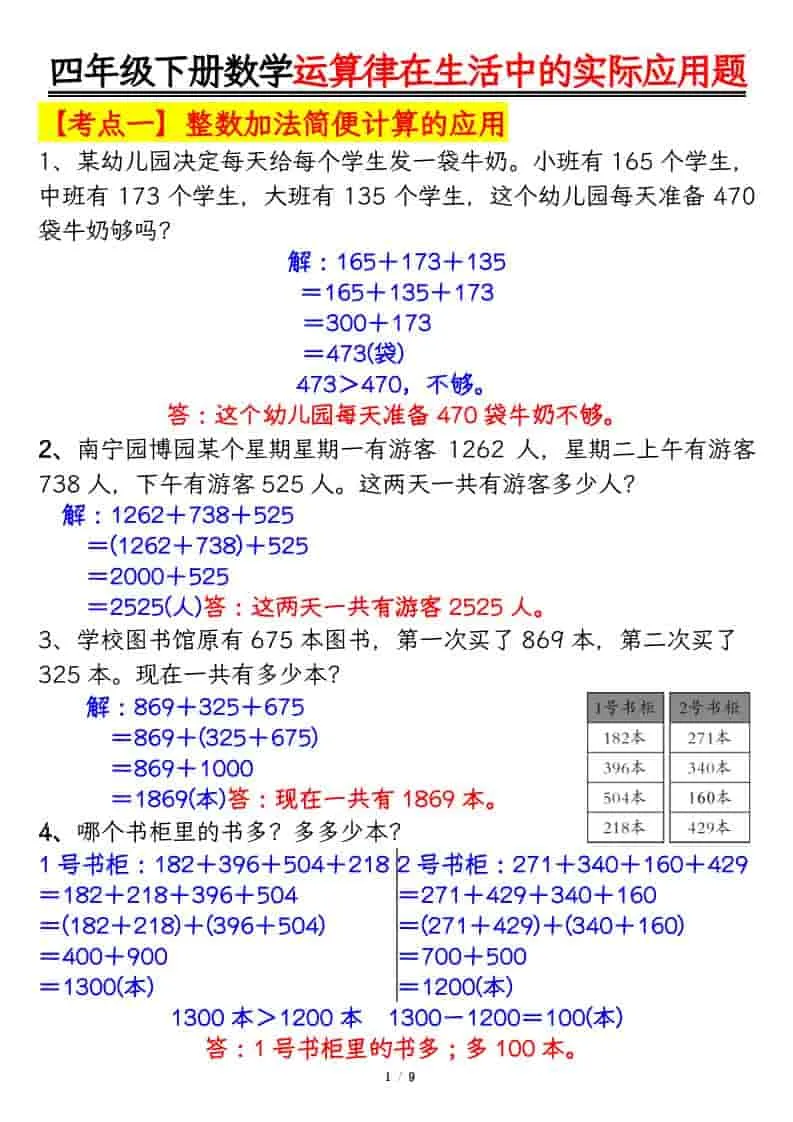 四年级下数学运算律的生活实际应用专项练习-方舟智库