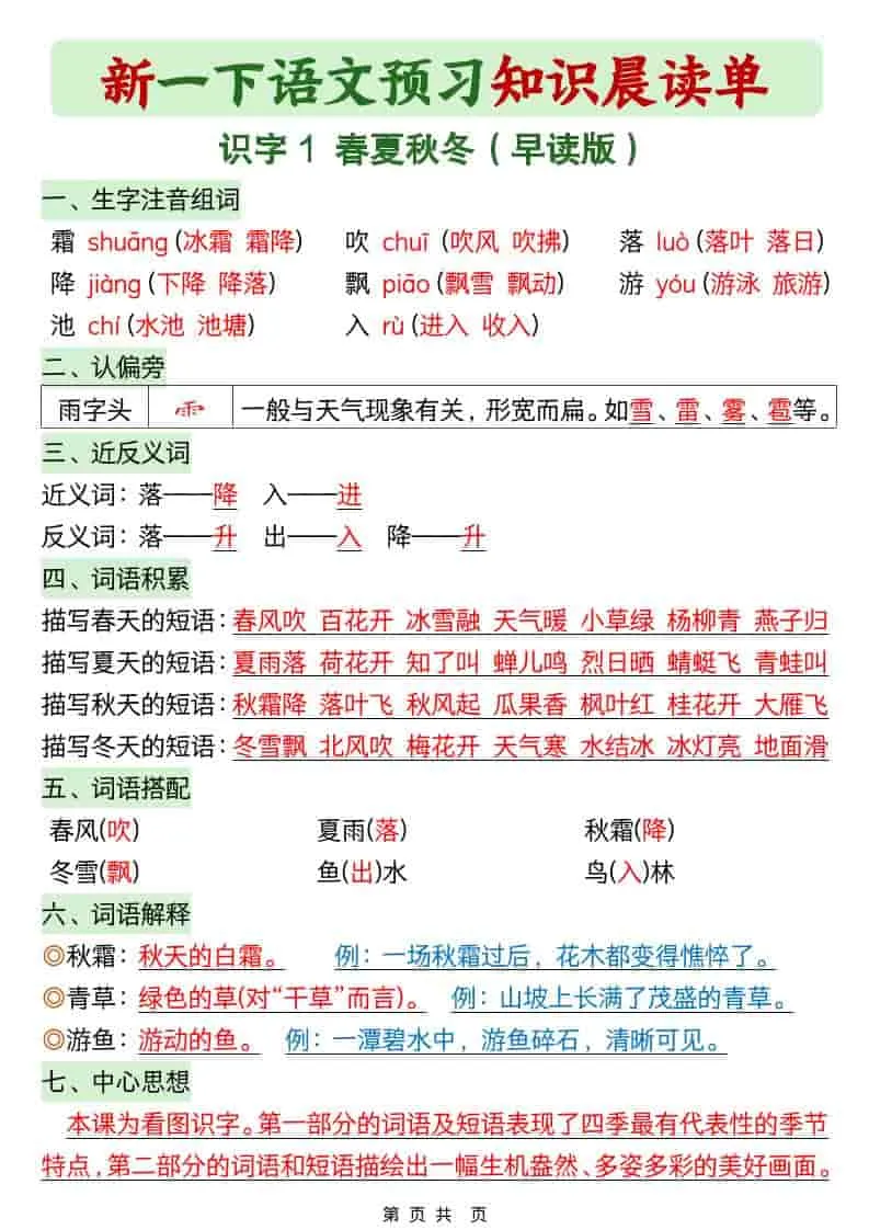 一年级下语文26春预习知识晨读单-方舟智库