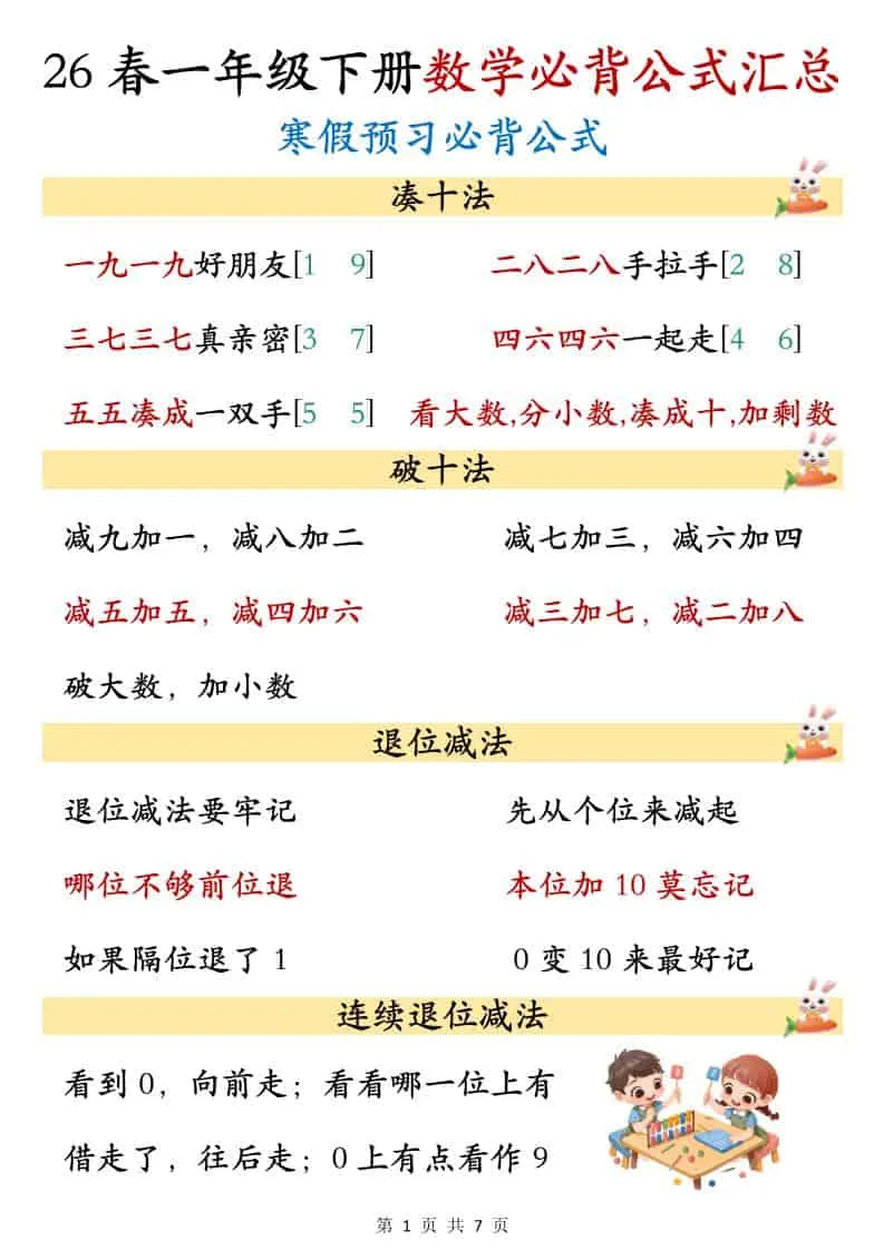 一年级下数学必背公式汇总-方舟智库