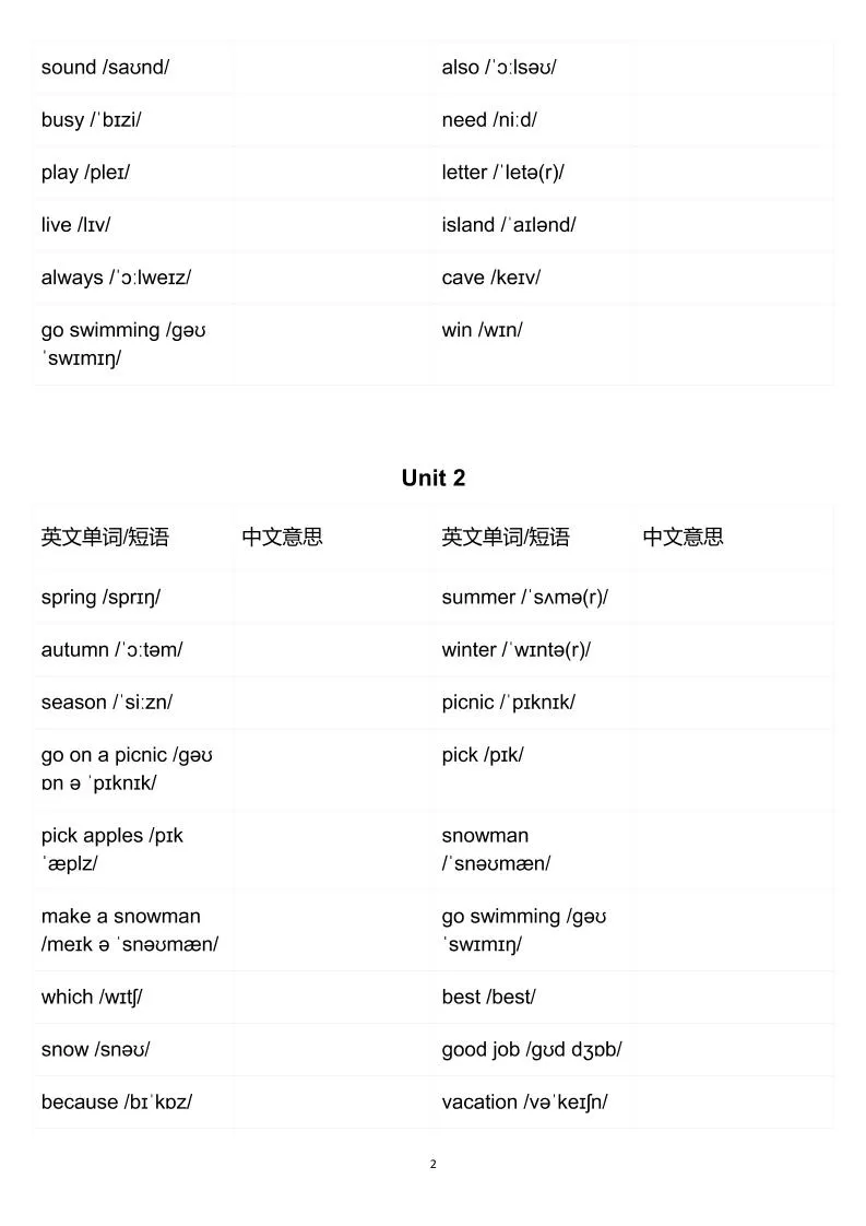 五年级下英语英汉互译练习《人教版PEP》