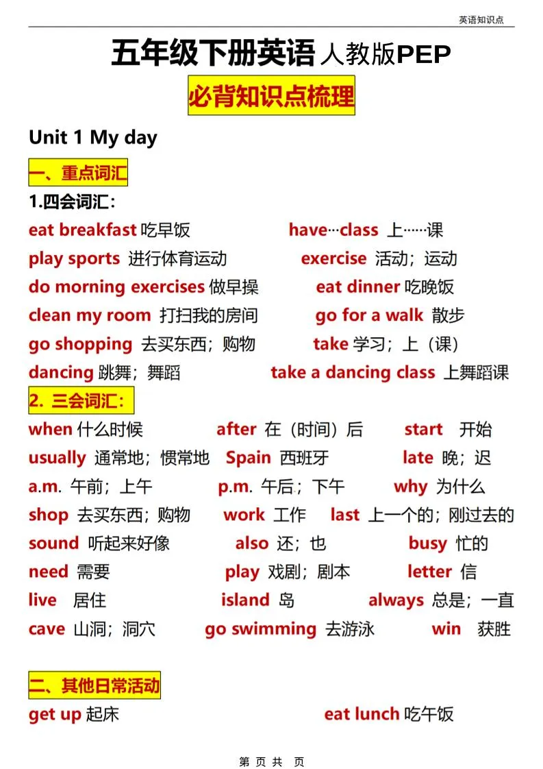 五年级(下）英语全册知识点汇总《人教版PEP》-方舟智库