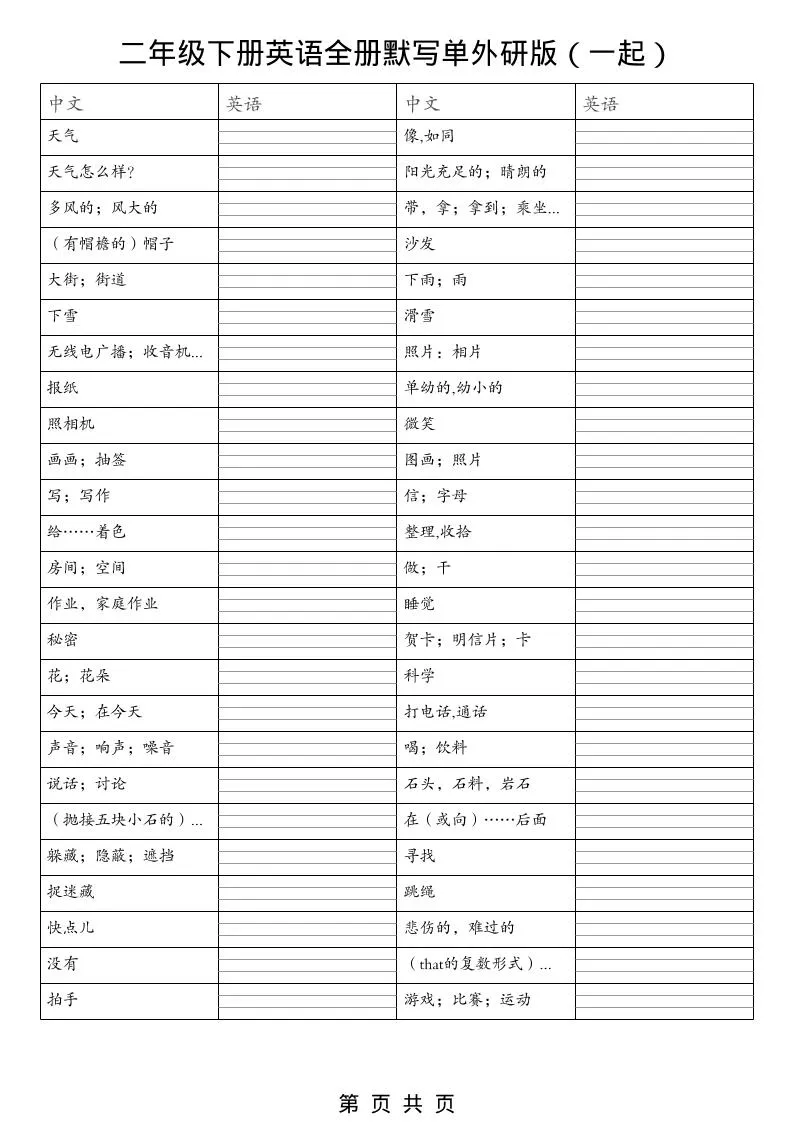 二年级下英语全册默写单（看中写英）《外研版（一起）》-方舟智库