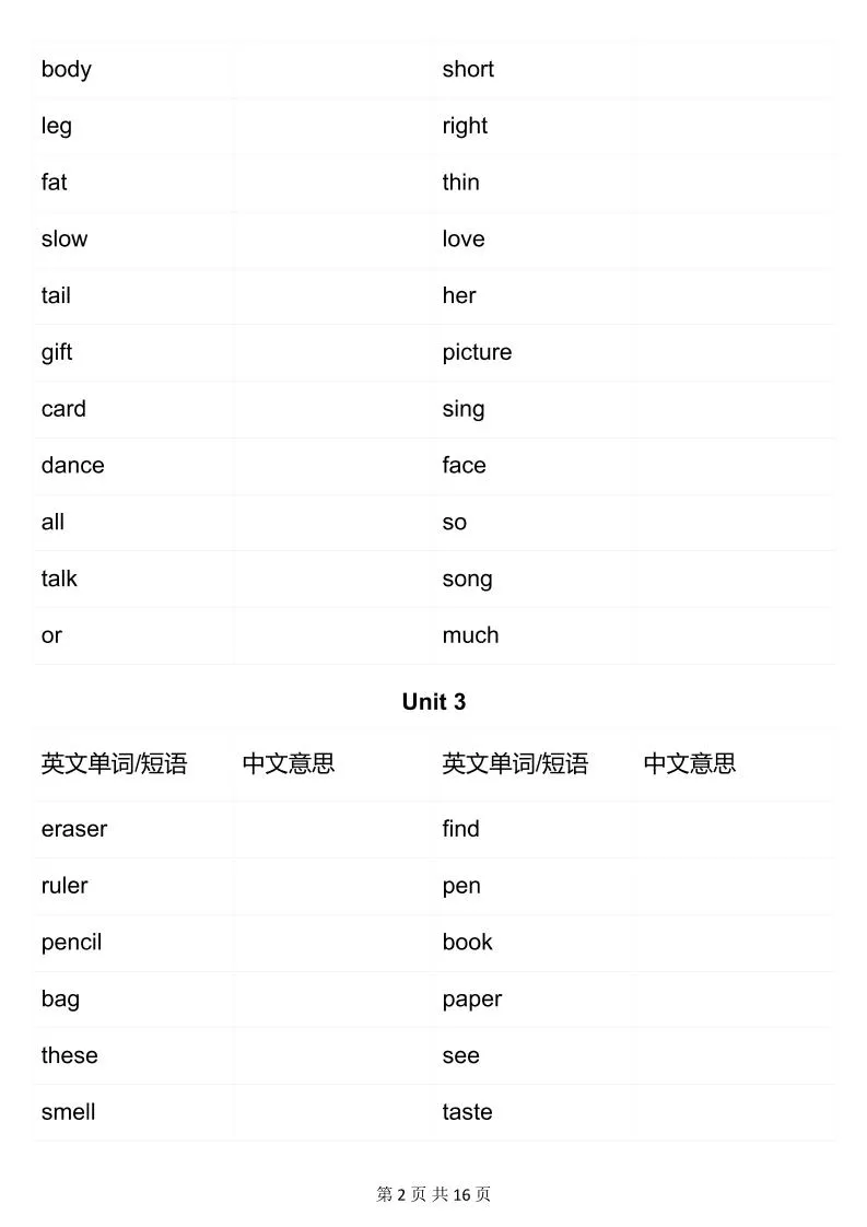 三年级下英语英汉互译练习《人教版PEP》