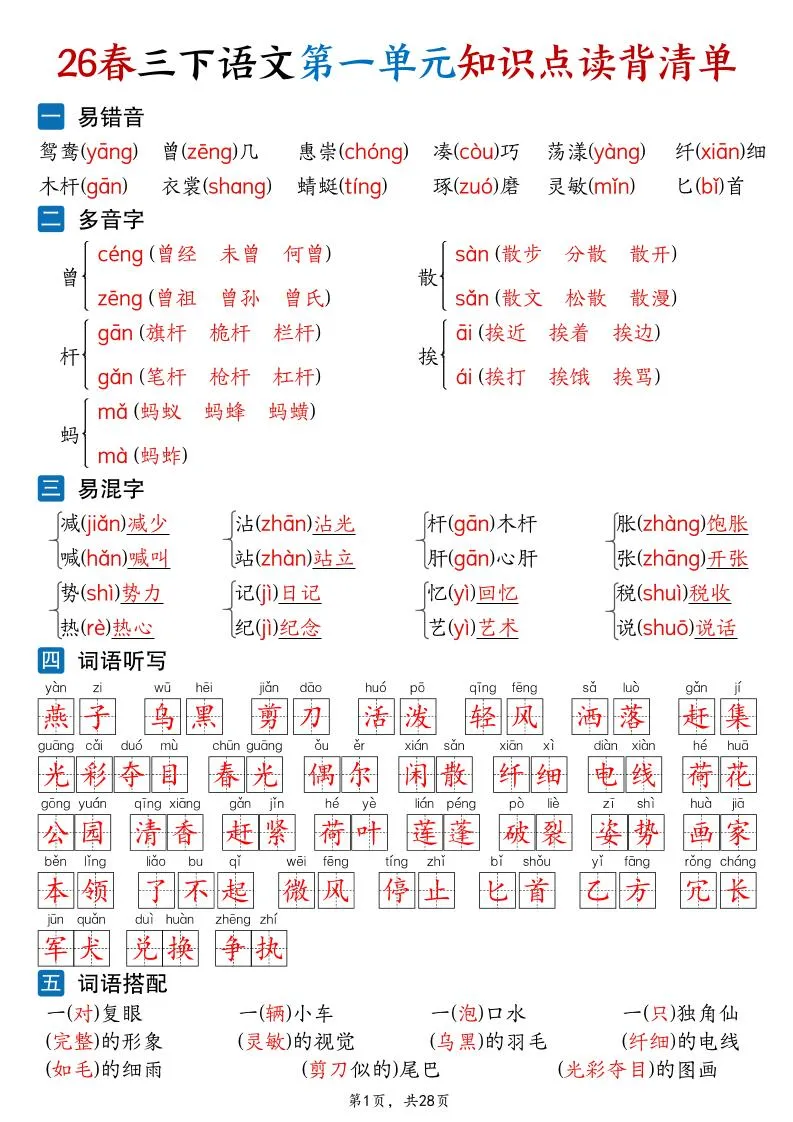 26新三年级下语文1-8单元知识点读背清单（28页）-方舟智库