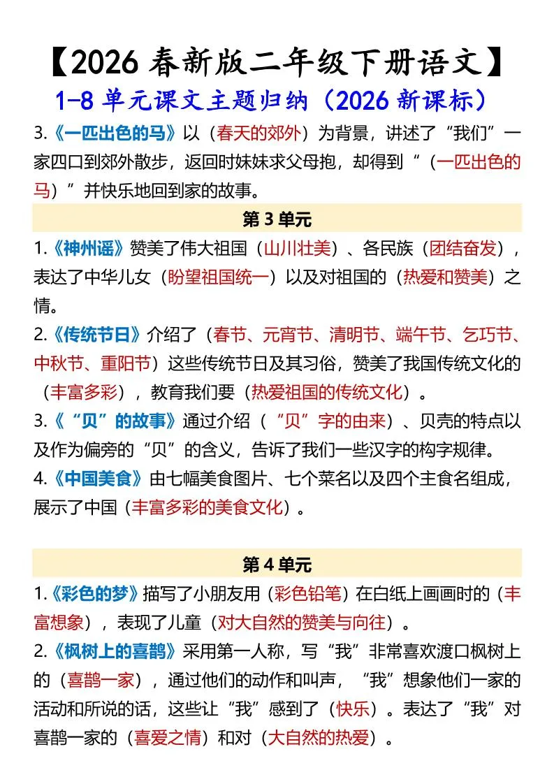 二年级下语文1-8单元课文主题归纳