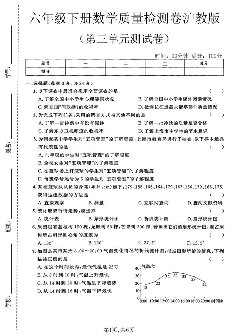 六年级下数学第三单元质量检测卷《沪教版》(2)-方舟智库