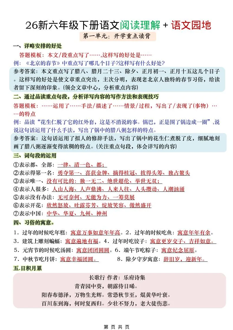 六年级下语文阅读理解＋语文园地-方舟智库