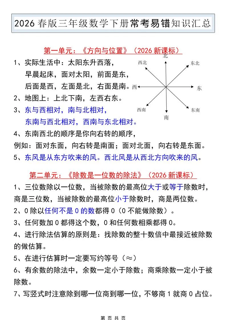 三年级下数学常考易错知识汇总《人教版》-方舟智库