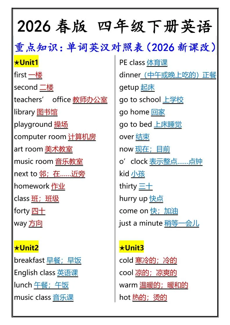2026春新版四年级下英语重点知识：单词英汉对照表《人教版PEP》-方舟智库