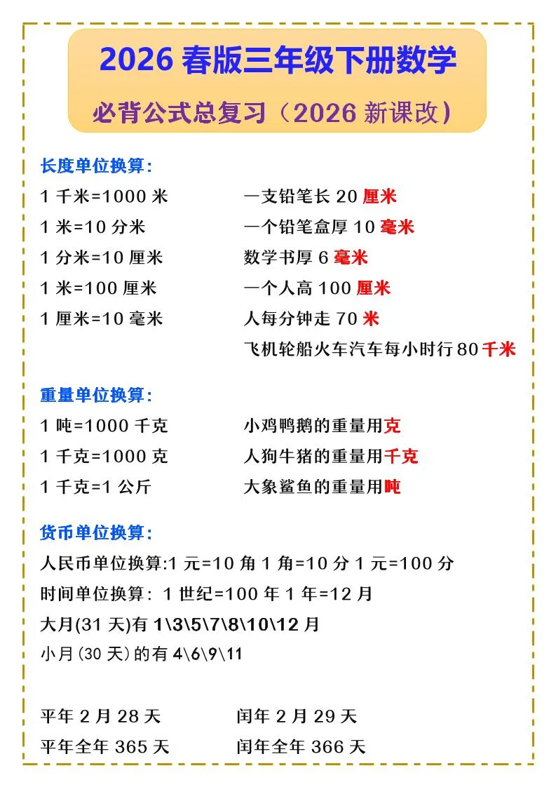 三年级下数学必背公式汇总《人教版》-方舟智库