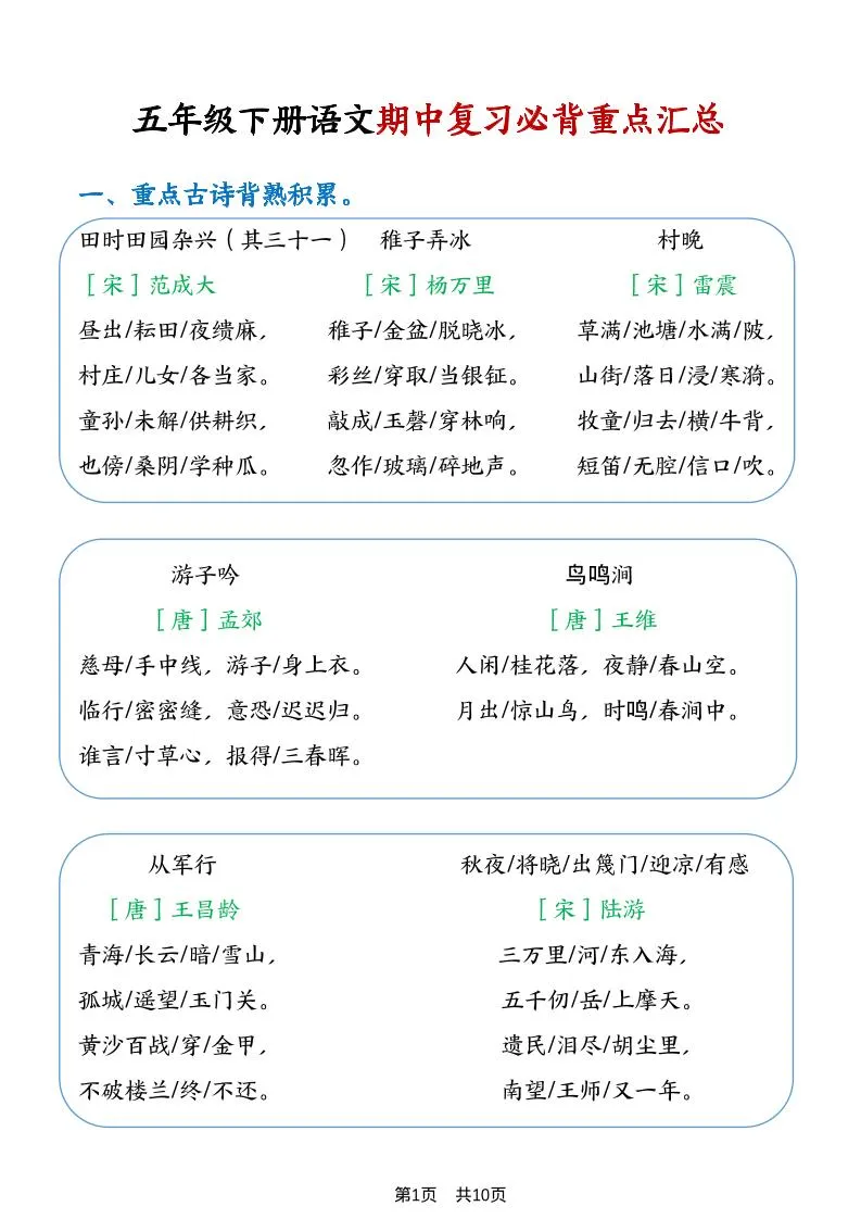 五年级下语文期中复习重点知识点汇总1-方舟智库
