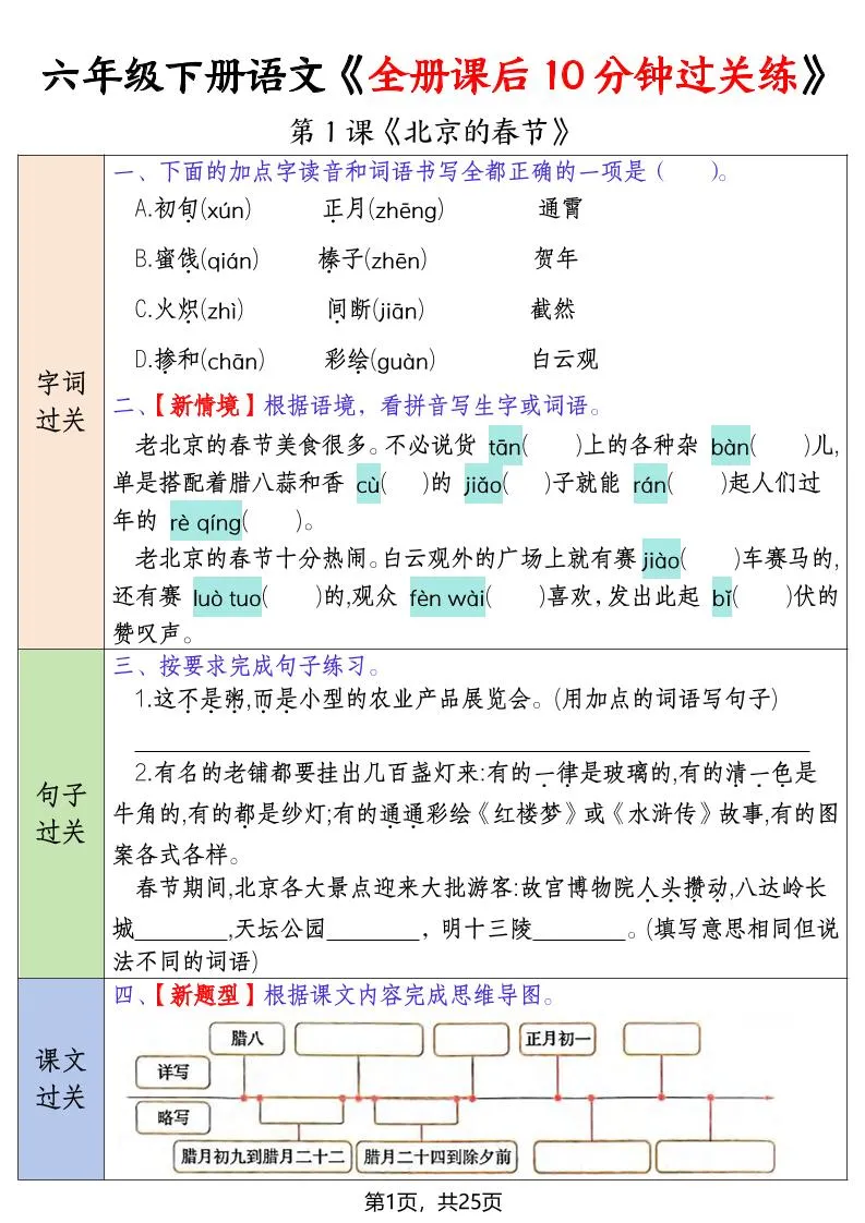 六年级下语文全册课后10分钟过关练-方舟智库
