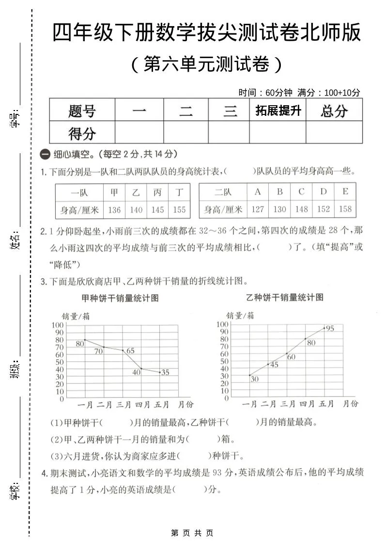 四年级下数学第六单元拔尖测试卷《北师版》-方舟智库