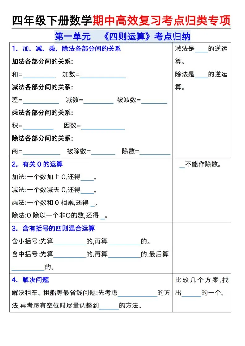 四年级下数学期中复习考点归类专练-方舟智库