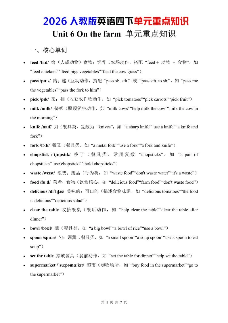 四年级下英语Unit6重点知识汇总《人教版PEP》-方舟智库