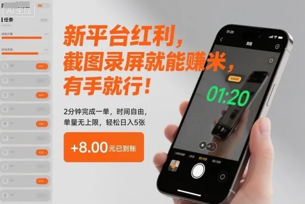新平台红利，截图录屏就能賺米，有手就行！2分钟完成一单，时间自由，单量无上限，轻松日入5张【揭秘】-奇点库