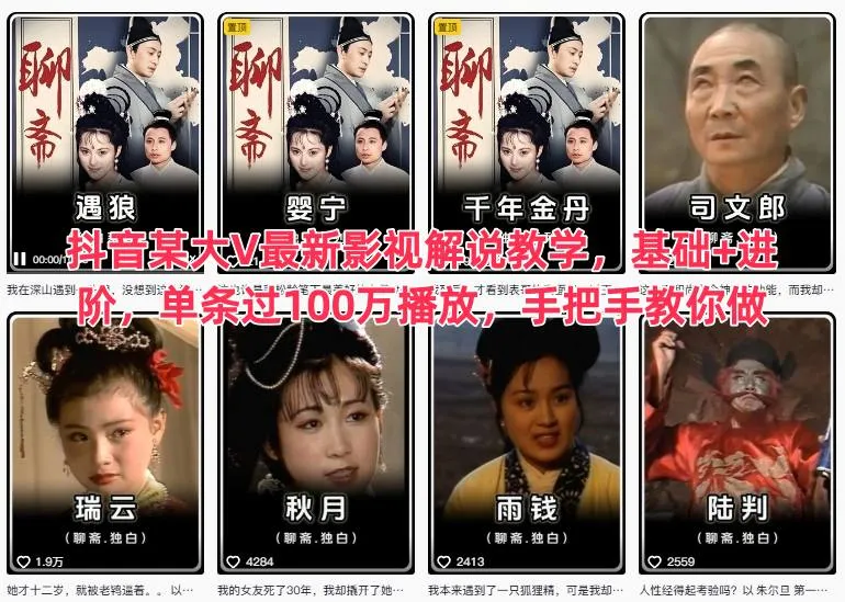 抖音某大V最新影视解说教学，基础+进阶，单条过100万播放，手把手教你做-奇点库