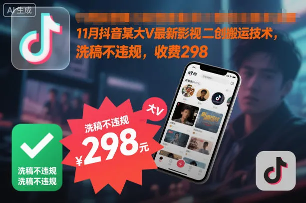 11月抖音某大V最新影视二创搬运技术，洗稿不违规，收费298-奇点库