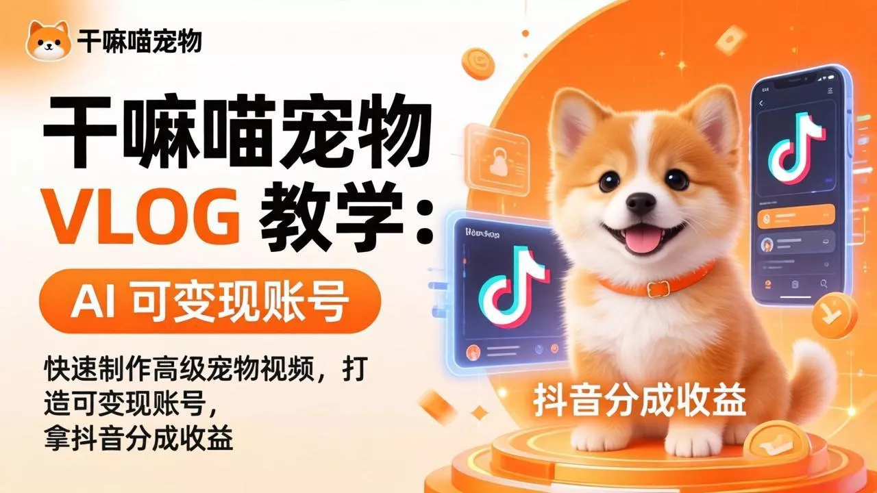 干嘛喵宠物 VLOG 教学:AI 快速制作高级宠物视频,打造可变现账号,拿抖音分成收益-奇点库资源网