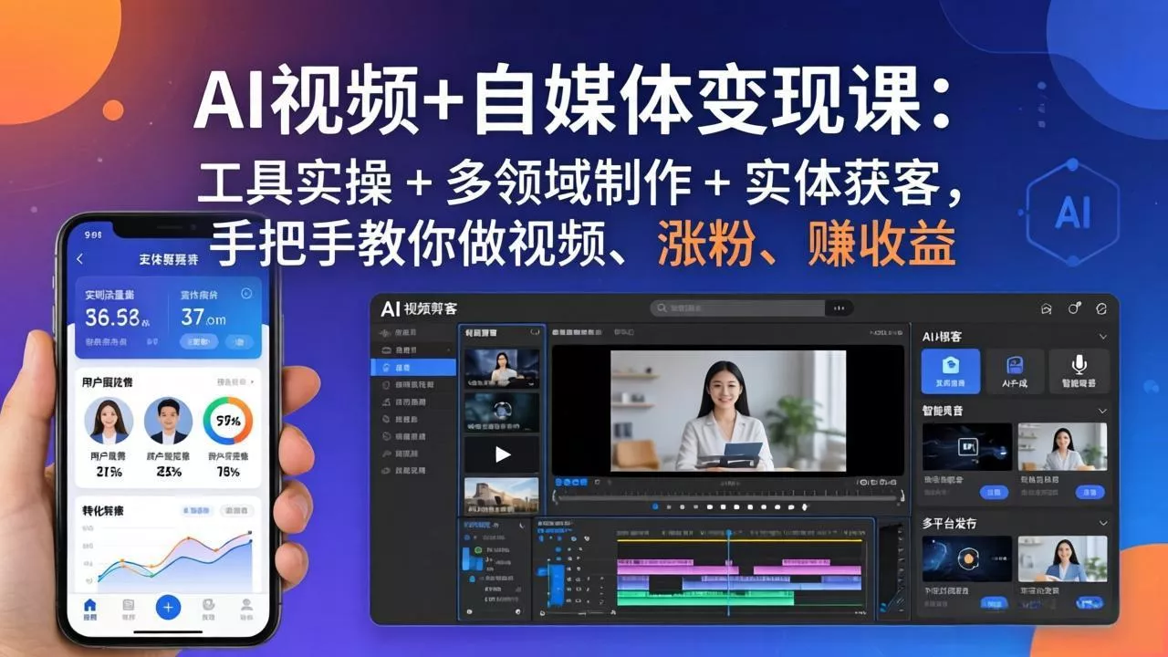 AI视频+自媒体变现课：工具实操 + 多领域制作 + 实体获客，手把手教你做视频、涨粉、赚收益-奇点库资源网