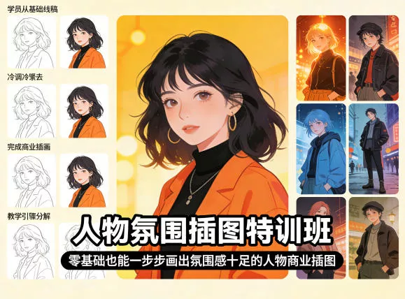 人物氛围插图特训班，零基础也能一步步画出氛围感十足的人物商业插图-奇点库