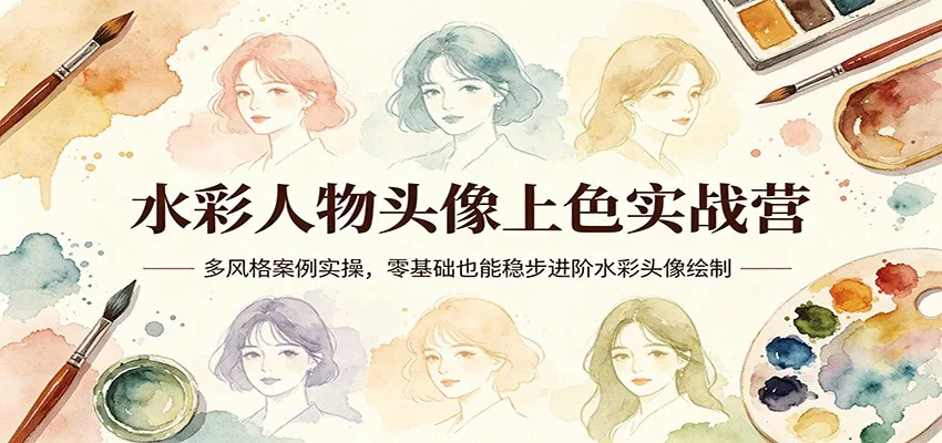 水彩人物头像上色实战营：多风格案例实操，零基础也能稳步进阶水彩头像绘制-奇点库