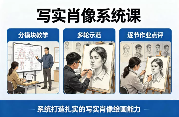 写实肖像系统课，全程分模块教学+多轮示范+逐节作业点评，系统打造扎实的写实肖像绘画能力-奇点库