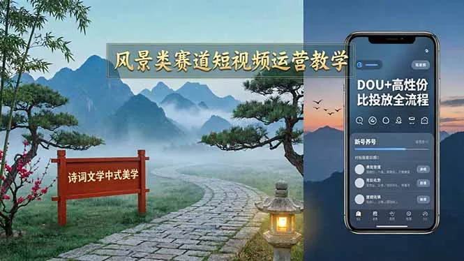 风景类赛道短视频运营教学：诗词文学中式美学，新号养号对标账号定位，DOU+高性价比投放全流程-奇点库